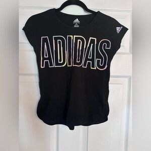 Girls Adidas Black Tee with Pastel Rainbow Outline Logo S Medium 10/12
